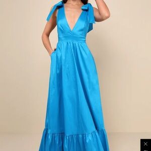 Rare Charm Teal Blue Taffeta Tie-Strap Maxi Dress With Pockets